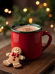 A cozy holiday scene featuring a large red mug of hot cocoa and a decorated gingerbread cookie on a wooden surface. 