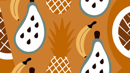 A vibrant, stylized pattern featuring bananas, pears, pineapples, and other tropical fruits in shades of orange, brown, and white.