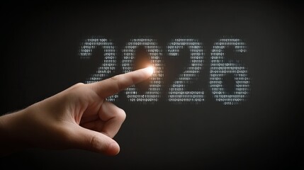 Fototapeta premium Digital futuristic representation of the year 2026 with binary numbers and a hand interaction