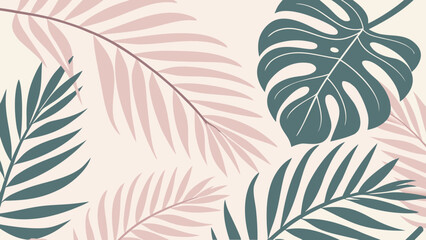 An illustration of tropical leaves in shades of pink and teal on a light beige background.