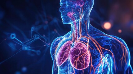 A human body with visible organs and blood vessels, set against a dark background with a glowing light source.