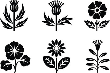 Vector flower silhouette set with six unique floral designs, botanical illustration collection for decorative art, nature, spring, summer, and ornament