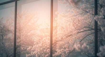 Soft pink sunlight through window curtain