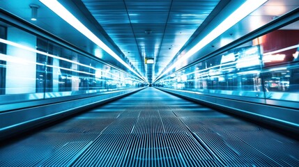 A blue and white moving walkway in an airport terminal.