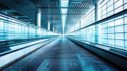 A long, empty moving walkway in an airport terminal.