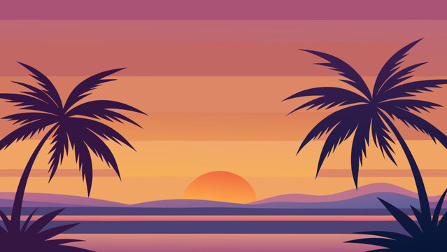 A vibrant sunset scene featuring silhouettes of palm trees, ocean, and mountains.