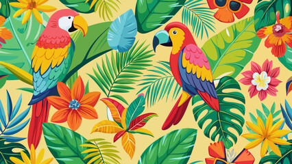 Obraz premium Vibrant tropical pattern featuring colorful parrots amidst lush foliage and flowers on a yellow background.
