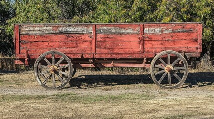 Obraz premium An old, red wooden wagon with wooden wheels and a wooden seat, parked on a dirt road with trees in the background.