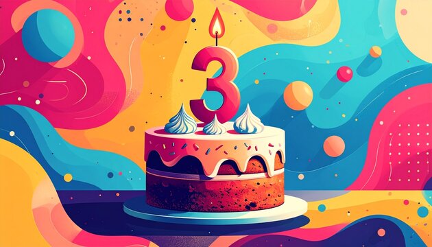 Retro illustration of a birthday or anniversary cake with a number 3 candle