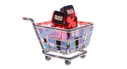 Black friday shopping cart with percentage isolated on transparent background a festive, iridescent shopping cart filled with black friday themed cubes, highlighting discounts