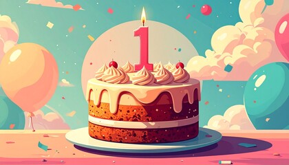 Retro illustration of a birthday or anniversary cake with a number 1 candle