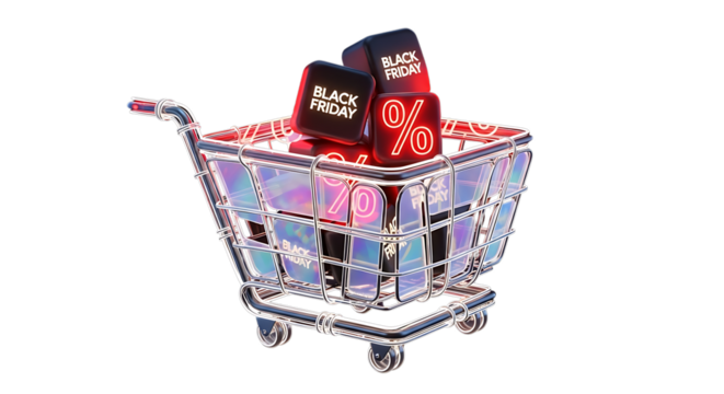 Black friday shopping cart with percentage isolated on transparent background a festive, iridescent shopping cart filled with black friday themed cubes, highlighting discounts