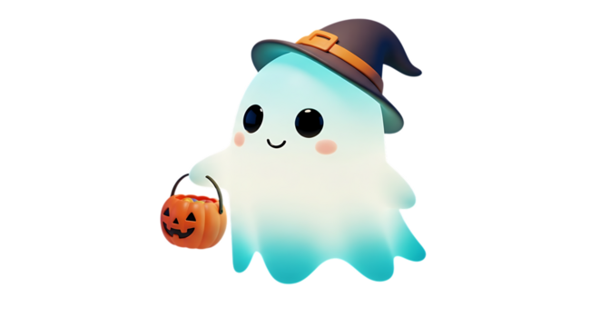 Adorable ghost wearing a witch hat and holding a pumpkin basket, isolated on transparent background perfect for halloweenthemed designs, invitations, and social media posts