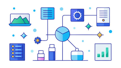 Abstract illustration showcasing data flow, interconnected elements, and information processing.