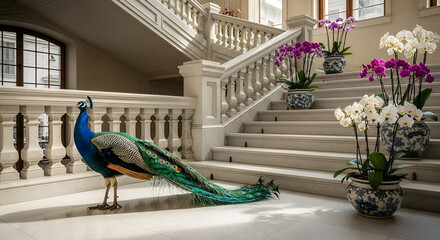 Elegant staircase with green peacock decor