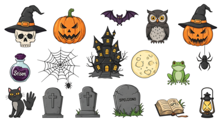 Halloween themed elements isolated on transparent background a collection of spooky halloween icons, including pumpkins, ghosts, bats, and haunted houses, perfect for decoration