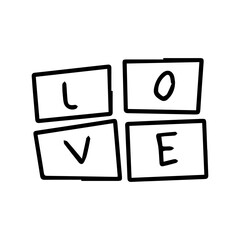 Hand-drawn letters spelling 'LOVE' inside square frames, representing affection and romantic sentiment, perfect for Valentine's Day and expressions of fondness