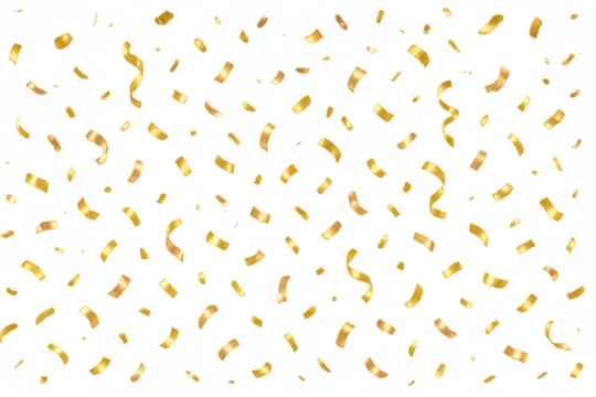 Golden confetti pieces falling and swirling, creating a shimmering, festive atmosphere on a transparent background