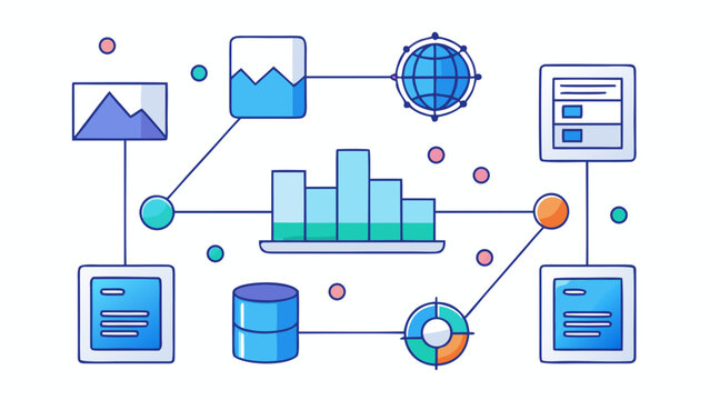 An illustration depicting interconnected data visualizations and information flow, showcasing data analysis.