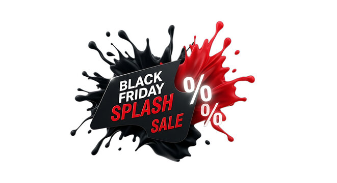 Black friday splash sale design with black and red paint splatters, isolated on transparent background perfect for promotional materials, banners, and advertising campaigns