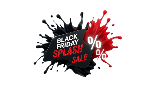 Black friday splash sale design with black and red paint splatters, isolated on transparent background perfect for promotional materials, banners, and advertising campaigns - Powered by Adobe