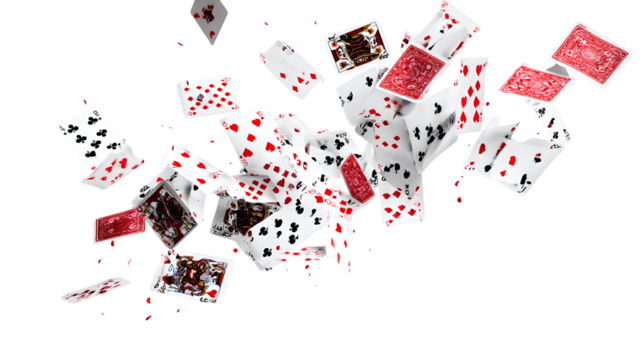 Dynamic mid-air explosion of playing cards on black background