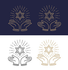 Star of David emblem. Judaism religious symbol. Six-pointed star in hands. Hanukkah holiday