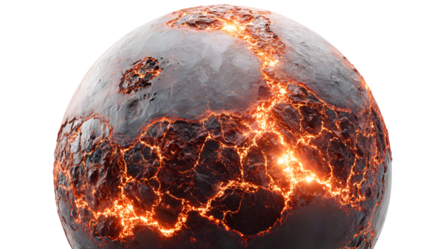 Fiery volcanic planet with glowing craters and lava streams