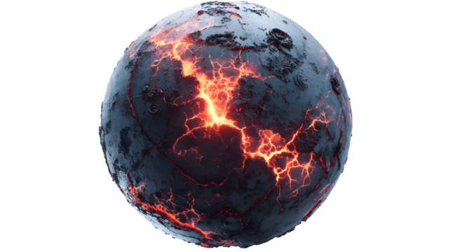 Fiery volcanic planet with glowing craters in dramatic cosmic scene