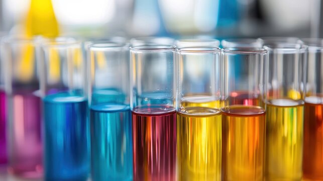 Test tubes with colorful liquids in a laboratory setting.