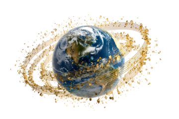 Planet earth with musical orbits surrounded by golden music notes