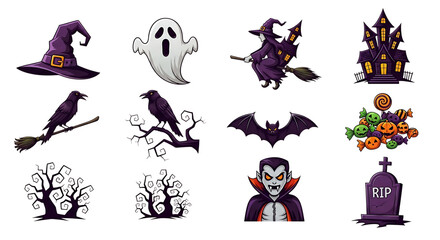 Obraz premium Pixel art halloween icons isolated on transparent background hat, ghost, witch, castle, crow, bat, candy, tree, vampire, tombstone, creating a spooky and festive atmosphere