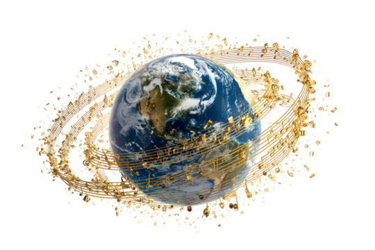 Planet earth with musical orbits surrounded by golden music notes