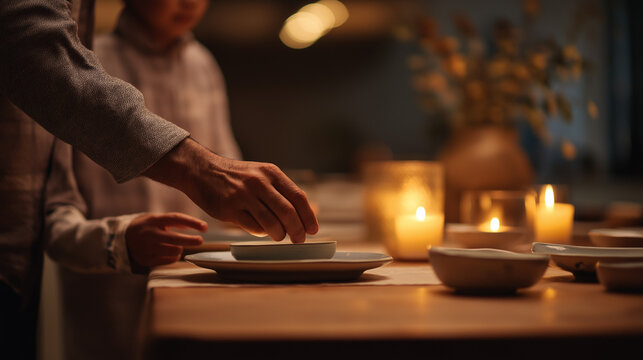 Family setting dinner table with candles for Ramadan iftar.