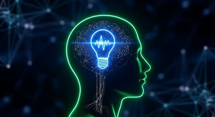 Glowing human head with a bright light bulb brain representing digital innovation and creative intelligence