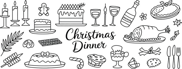 Christmas dinner food and drink icons cake