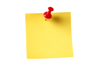 Bright yellow sticky note with red pushpin for office or classroom use