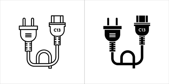 Two icons of a power cord with two plugs, one outlined and one solid black