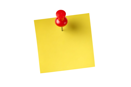 Bright yellow sticky note with red pushpin for reminders and office use