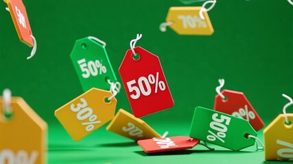 Dynamic price tags falling in vibrant colors, showcasing discounts and sales for retail promotions and tempting offers during shopping seasons - Powered by Adobe