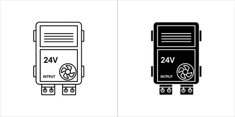 Two icons of a 24v power supply unit, one in outline and one in solid black