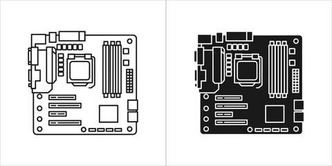 Outline and solid black icons of a computer motherboard