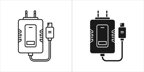 Two icons of a phone charger, one outline and one solid black