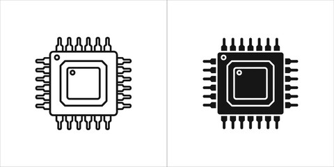 Two icons of a cpu chip, one in outline and one in solid black