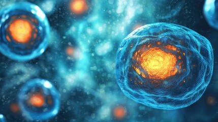 A blue and orange cell with a nucleus and multiple organelles, set against a blurred background.