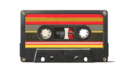 Retro cassette tape design with black shell and multicolor stripes