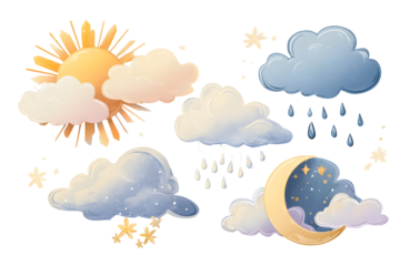 Stylized weather symbols: sun, clouds, rain, and moon elements for design