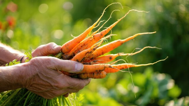 Freshly harvested carrots held in hands, showcasing vibrant orange color