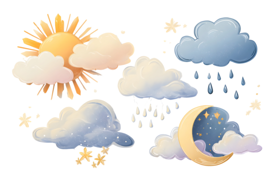 Stylized weather symbols: sun, clouds, rain, and moon elements for design