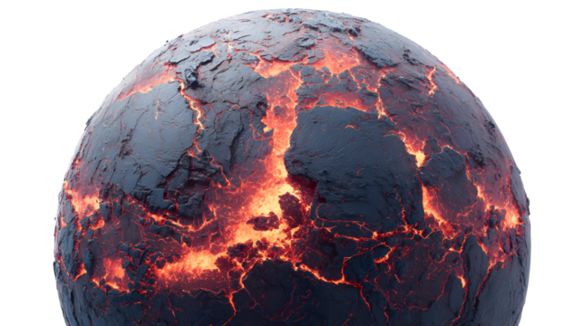 Glowing volcanic planet with fiery craters and molten lava texture